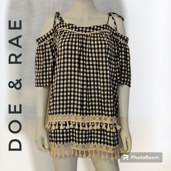 Doe & Rae Tops - DOE & RAE Black Check Lace Tassel Off Shoulder Bardot Blouse Large